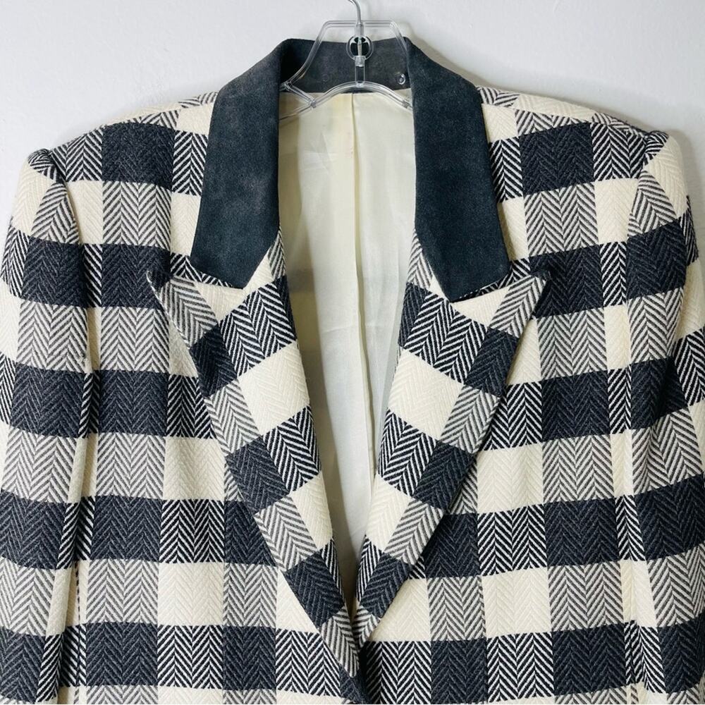 Vintage grey cream tweed check plaid button preppy office blazer jacket medium - Picture 2 of 5
